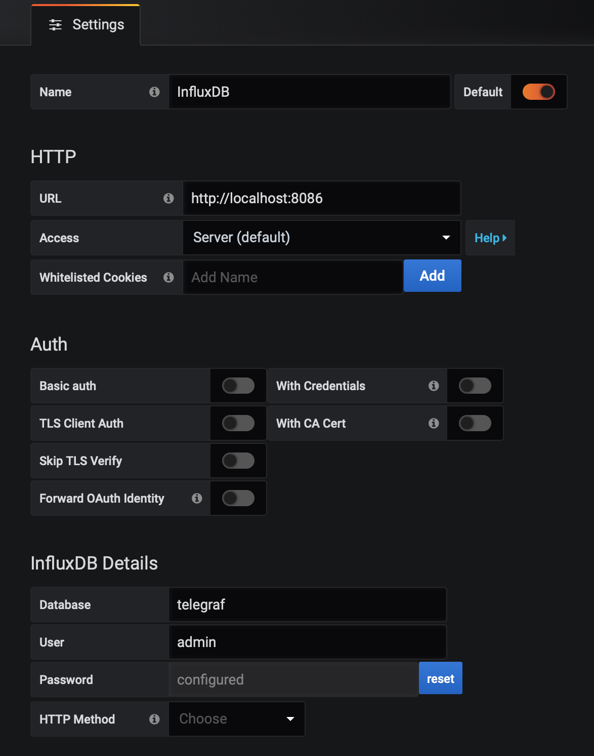 InfluxDB Settings in Grafana